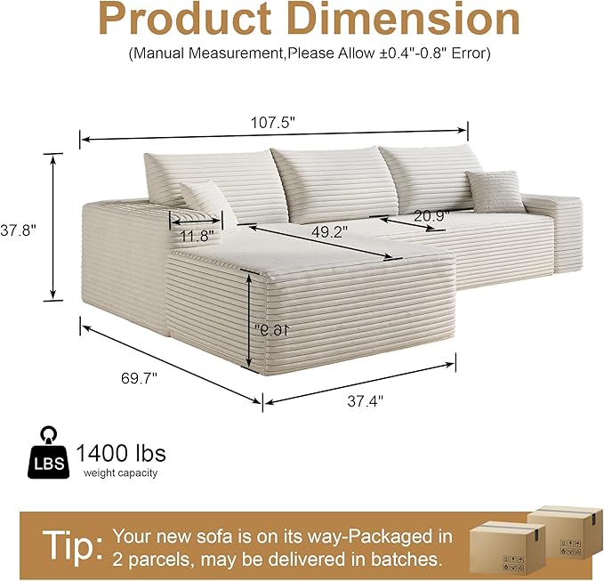 108" Sectional Couches for Living Room Modern Modular Sofa with L-Shape Couchs Upholstered Boneless Couch Deep Seat Sectional Couch with Chaise (White, Left Facing Chaise+2Seaters)