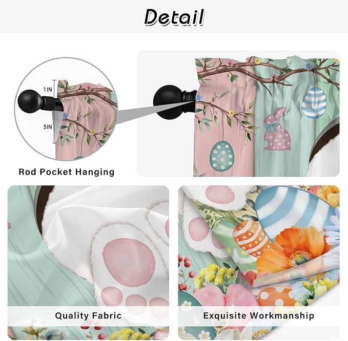 Easter Kitchen Curtains 54 Inch Long 2 Panel Set, Rod Pocket Window Curtains