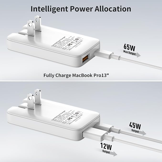 65W Ultra-Thin Flat USB C Wall Charger TREBLEET GaN Fast Charging Block with Foldable Plug Dual Port (USB C+A) PD 3.0 for MacBook Pro/Air iPhone 16/17 Galaxy S25/S26 iPad Pro Pixel 9 XPS