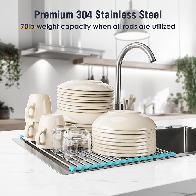 Tomorotec 17.7" x 12.5" Roll Up Dish Drying Rack Over Sink Drying Rack Sink Cover Kitchen Sink Accessories Gadget Multipurpose Organizer Foldable Stainless Steel Drainer
