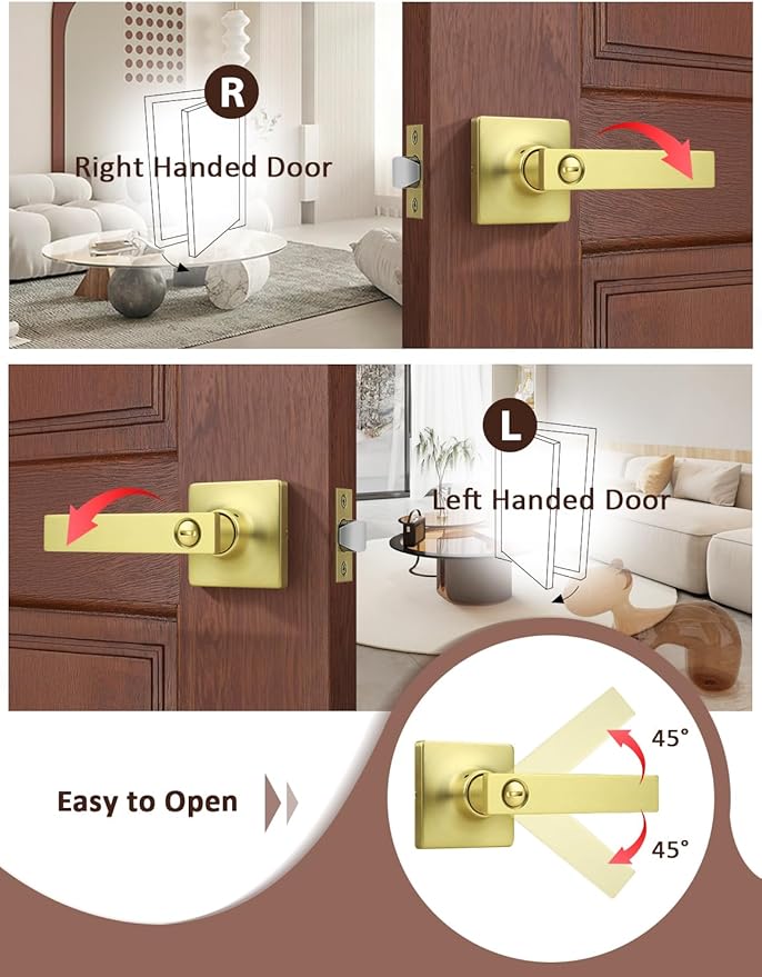 Mengico 5 Pack Gold Privacy Lever Door Handle Interior with Lock, Heavy Duty Square Door Lock for Bed/Bath, Keyless Door Locksets, Reversible for Left Right Handed Doors