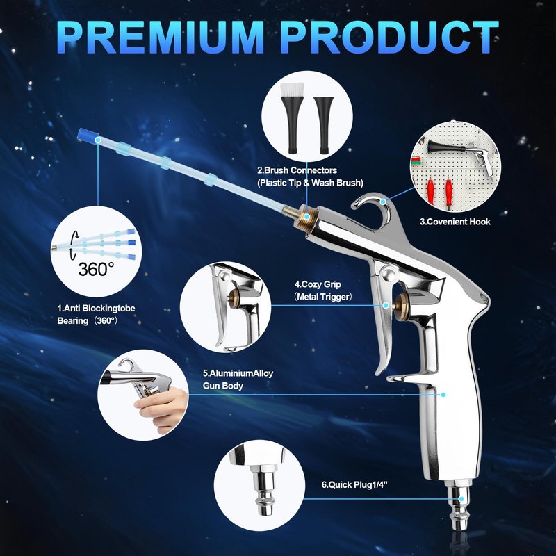 2 Nozzles Air Cleaning Gun, Dry Cleaning Gun Quickly Blasts Dust, Dirt and Grime from Surface, Dryer Air Blow Gun Works with Air Compressor, Car Detailing Tool for Interiors Exteriors Deeply Cleaning