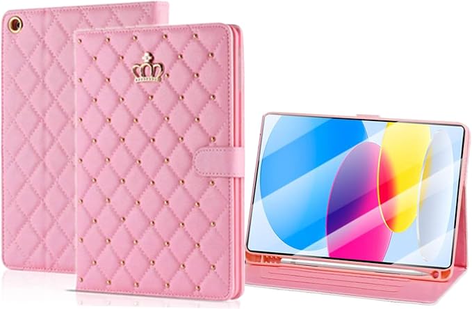 Cute Crown Case for iPad 10th Generation 10.9 Inch 2022 Flip Bling Diamond PU Leather [Smart Auto Sleep/Wake Pencil Holder Stand] Shockproof for Apple iPad 10th Gen 2022 Release (Pink)