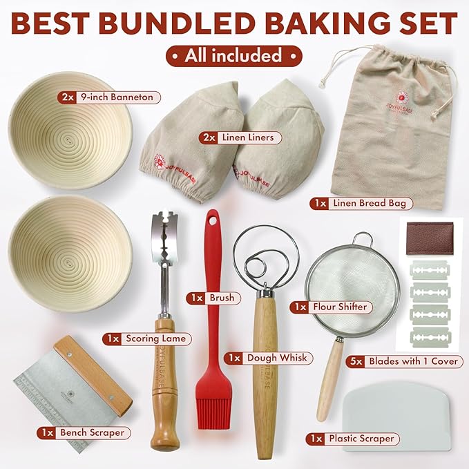 JOYFULBASE Banneton Bread Proofing Basket Set of 2 Sourdough Starter Kit with 9- Inch Round Baskets Fermentation Proofing Bowls Artisan Sourdough Bread Baking Supplies with Tools Liners and Linen Bag