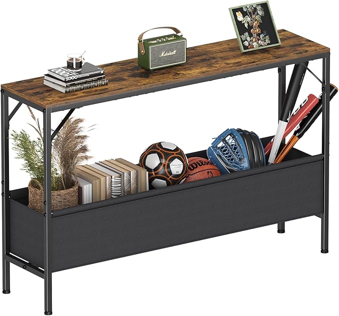 Narrow Console Table with Storage Basket, 47.2'' Behind The Couch Table, Skinny Sofa Table, Entryway Table, Small Console Table, Display Table for Hallway, Foyer, Living Room, Rustic Brown