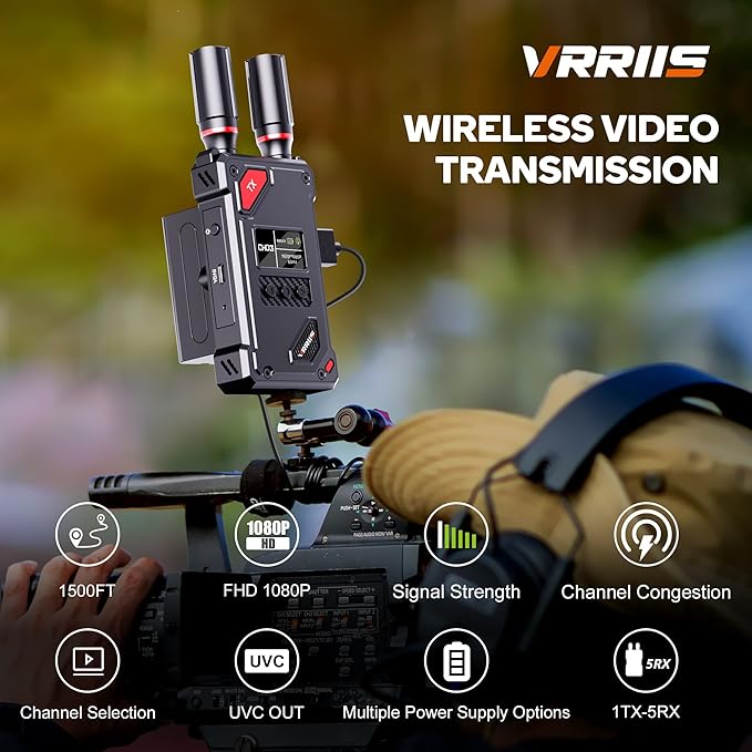 Vrriis Wireless Video Transmitter and Receiver with UVC Out for Live System,Manual Switching of 20 Channels,Wireless Video Transmission System 1500FT Los Range,0.05s Delay,Up to 5 Devices(1TX+1RX)
