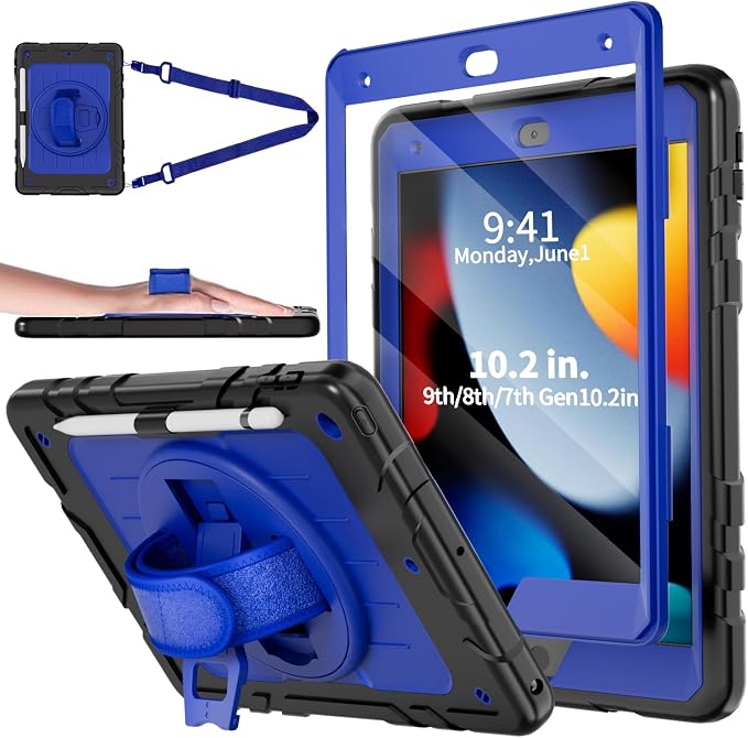 Case for iPad 9th/8th/7th Generation-Built-in Screen Protectorwith Pencil Holder&amp360°Rotating Hand StrapShoulder StrapCase for iPad 10.2 inch 2021-2019(Black)