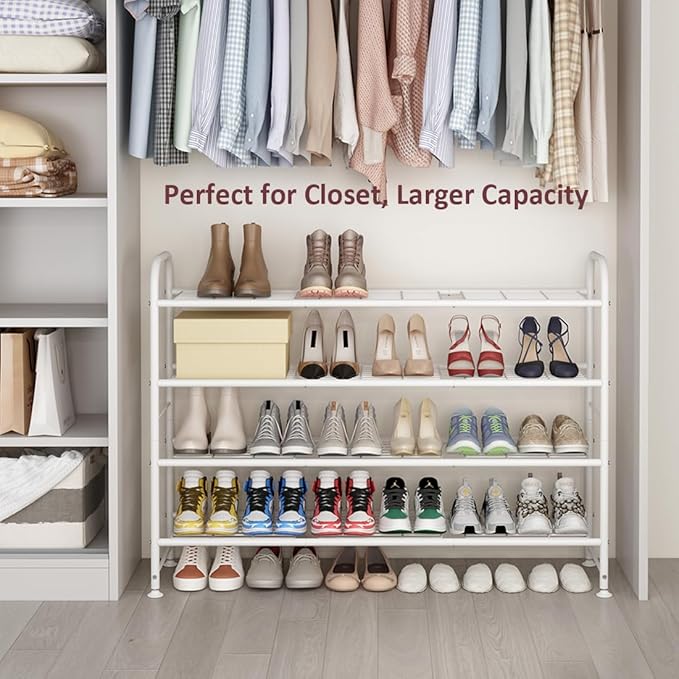 LINZINAR Shoe Rack Long 4 Tier Shoe Storage Organizer Metal Wide Shoe Shelf for Closet Entryway Bedroom 30 Paris Large Capacity, White