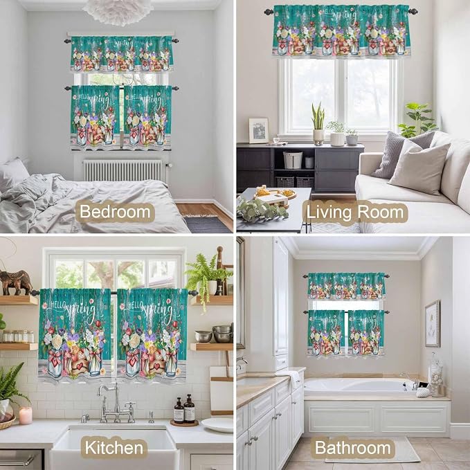 Kitchen Curtains Tiers and Valance Set of 3, Spring Flowers Light Filtering
