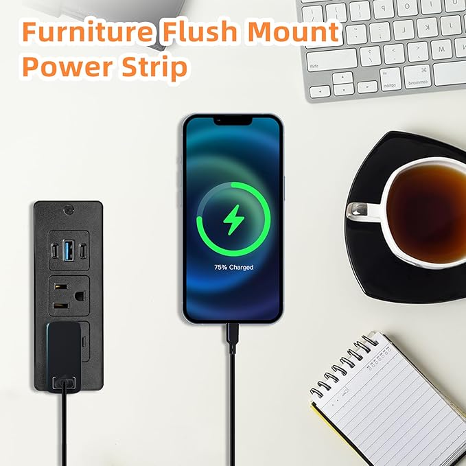 Recessed Power Strip USB, 20W Fast Charging Furniture Outlet - 2 AC & 3 USB (2 USB-C + 1 USB-A) for Desk, Bedside, Drawer, Conference Table - Space-Saving, Easy Install, 10FT Cord, Black