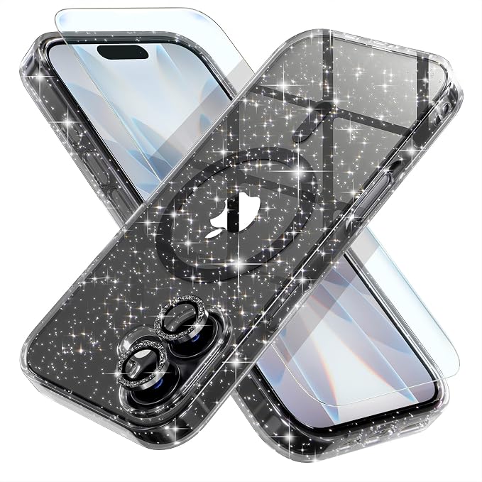 Choiche for iPhone 15 Pro Max Case Compatible with MagSafe Glitter Black | Women Girly Cute Glitter Sparkly Magnetic Phone Case with Diamond Camera Lens Protectors Military-Grade Drop Protection 6.7