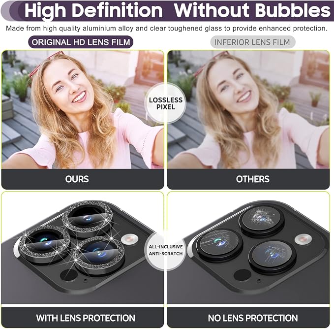 Suoman for iPhone 14 Pro Max / 14 Pro Camera Lens Protector [Diamonds Bling] 9H Tempered Glass Full Coverage Metal Protective Cover - Diamond Black