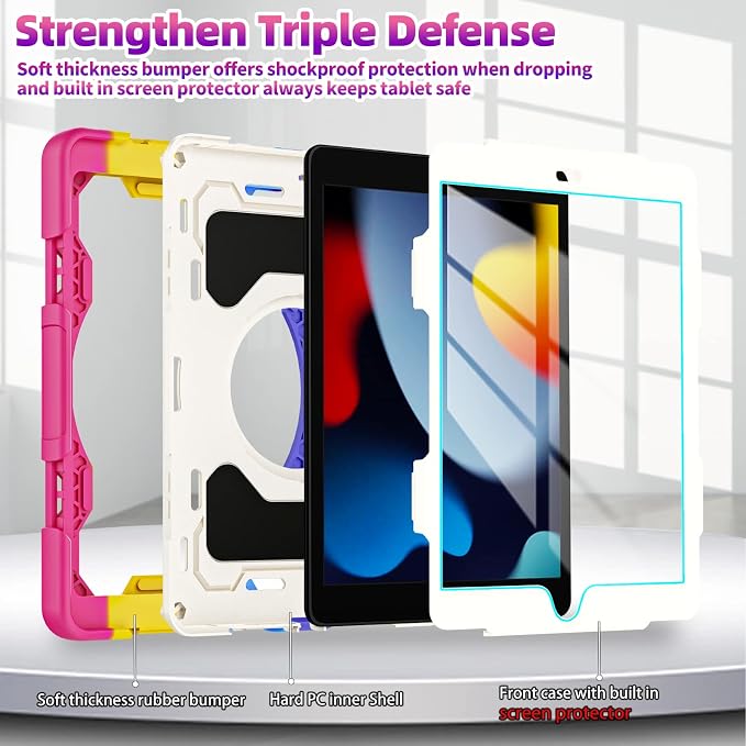 for iPad 9th 8th 7th Generation Case(iPad 10.2 inch) for Kids | 15ft Drop Protection Rugged with 360 Kickstand Handle Shoulder Strap，HD Screen Protector，Shockproof (2021/2020/2019 Release)