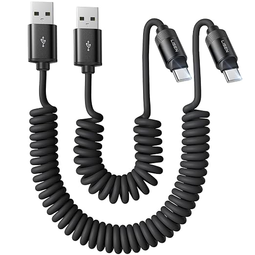 LISEN Chubby Cable Coiled Cable 2 Pack Car Play Cord | for Android Auto Short USB A to USB C Cable for iPhone 17/16/15 Samsung Galaxy S25/S24 A15/A14 Google Pixel 9/8 Blue 4FT