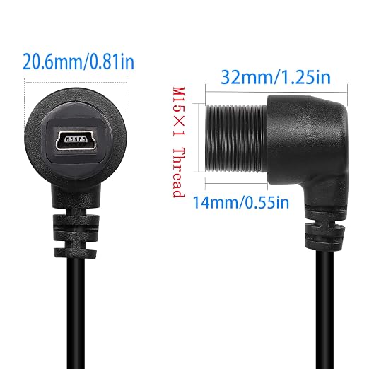 QIANRENON 90 Degree Angle Mini USB Panel Flush Waterproof Extension Cable Mini USB 5 Pin Right Angle Male to Female Panel Mount Cable Threaded to Dashboard or Panel28cm/11in (Down Bend)