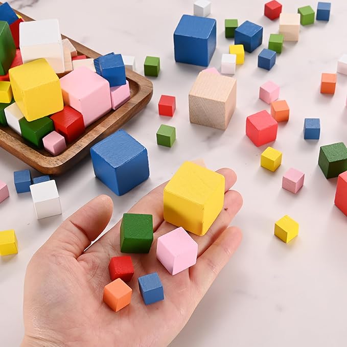 50-Pack DIY Wooden Cube, 0.6 Inch(1.5 Cm) Colored Natural Wood Blocks for Crafts Making Puzzle Games/Wedding/Home Decor/Dice/Building, Square Blank Block [Pink]