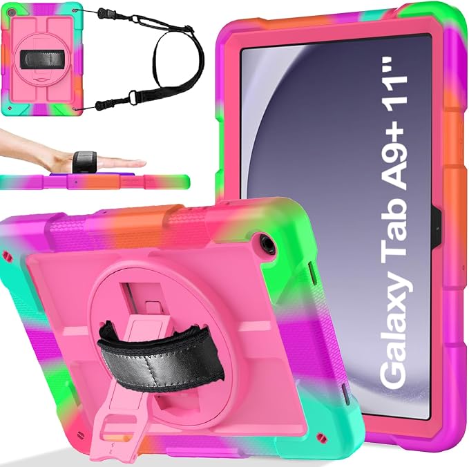 BMOUO for Samsung Galaxy Tab A9+ Plus Case 11 2023 (SM-X210/X216/X218) Shockproof Galaxy Tab A9 Plus Case with Rotating Stand and Hand/Shoulder Strap Black