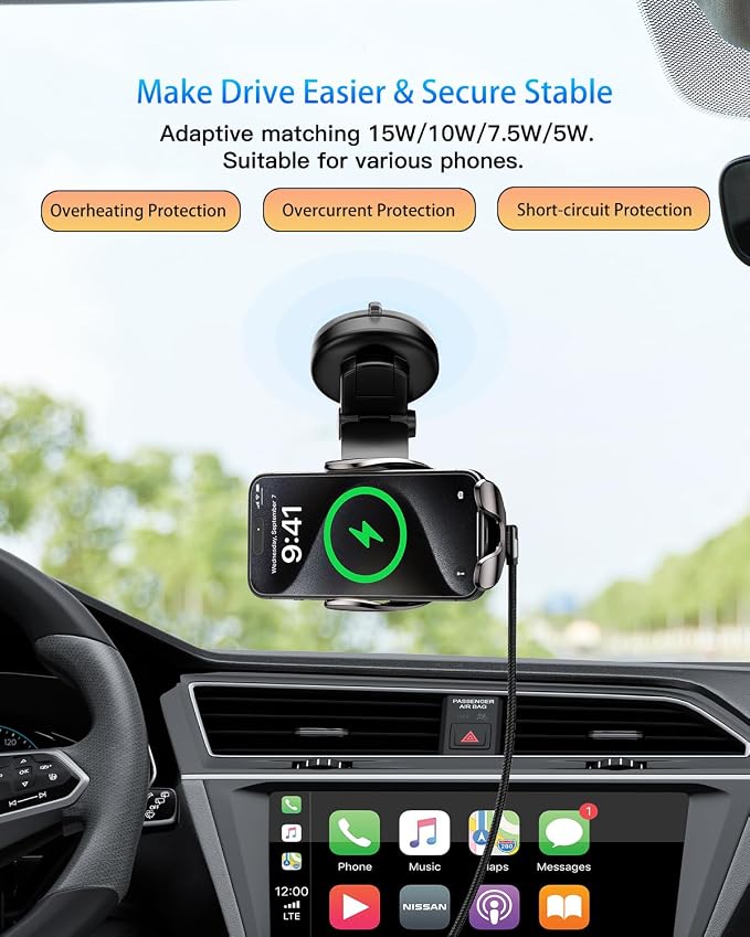 Wireless Car Charger Mount15W Fast Charging Auto Clamping Car Phone Holder Charger for iPhone 15 14 13 12 Pro Max 11 XS Samsung Galaxy S24 Ultra S23 S22 S21