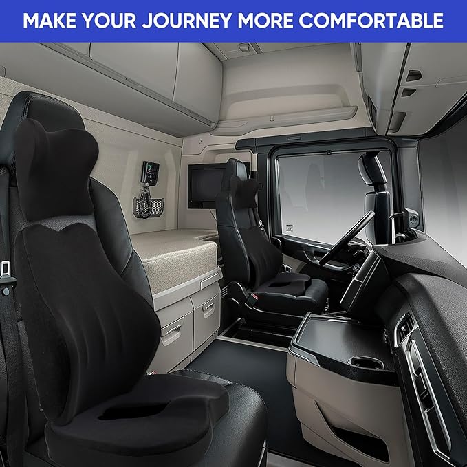 MINUPWELL Truck Seat Cushion, 3PC 100% Memory Foam Seat Cushion for Truck Driver, with Back Support, Semi Truck Accessories for Men Seat - 18x14.5x3.5in, Lumbar Cushion-16.5x15.4x5