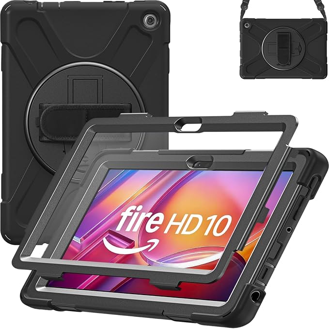Case for Galaxy Tab S10 FE+ 13.1 2025 with Screen Protector+360 Rotating Hand Strap&ampStand+Shoulder Strap (Black)