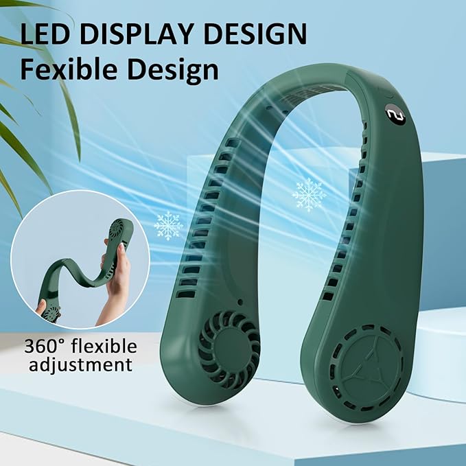 BIRDDIE Portable Hands free Bladeless Hanging Neck Fans with Screen Display and 5 Speeds Levels, USB Rechargeable, 360° Cooling Wearable Personal Fan for Work Travel Sport Outdoor (Green)
