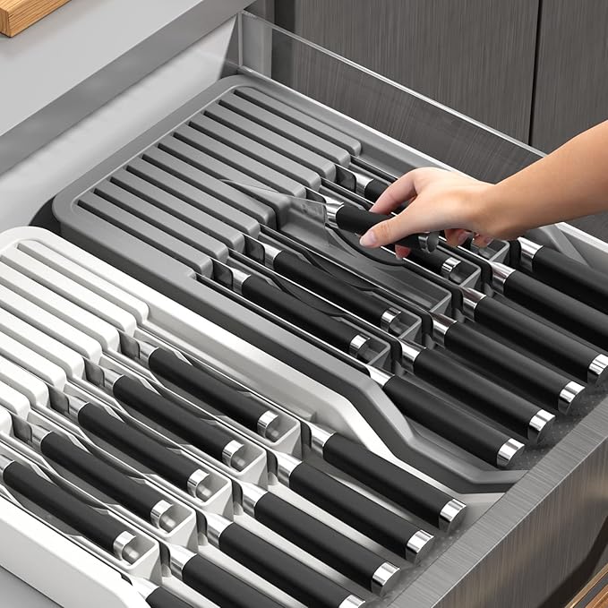 Mulikeer Expandable Drawer Knife Insert Organizer - Plastic Knife Storage Tray for Kitchen Drawers, Adjustable to Fit 11 Knives & Utensils, BPA-Free, Ventilated, Space-Saving, Easy to Clean