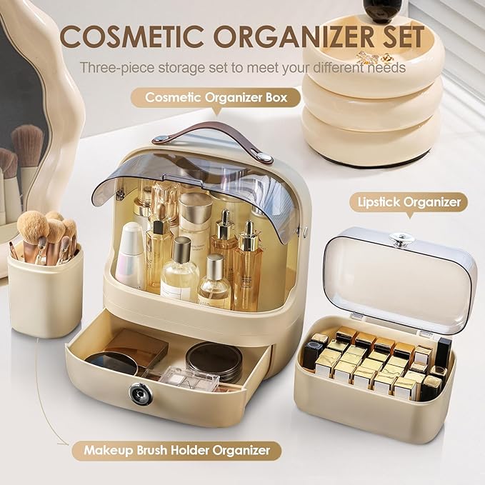 Makeup Storage Organizer Skincare Organizers, Cosmetics Display Case with Makeup Brush Holder and Lipstick Organizer, Dustproof Countertop Makeup Organizer with Transparent Cover and Handle