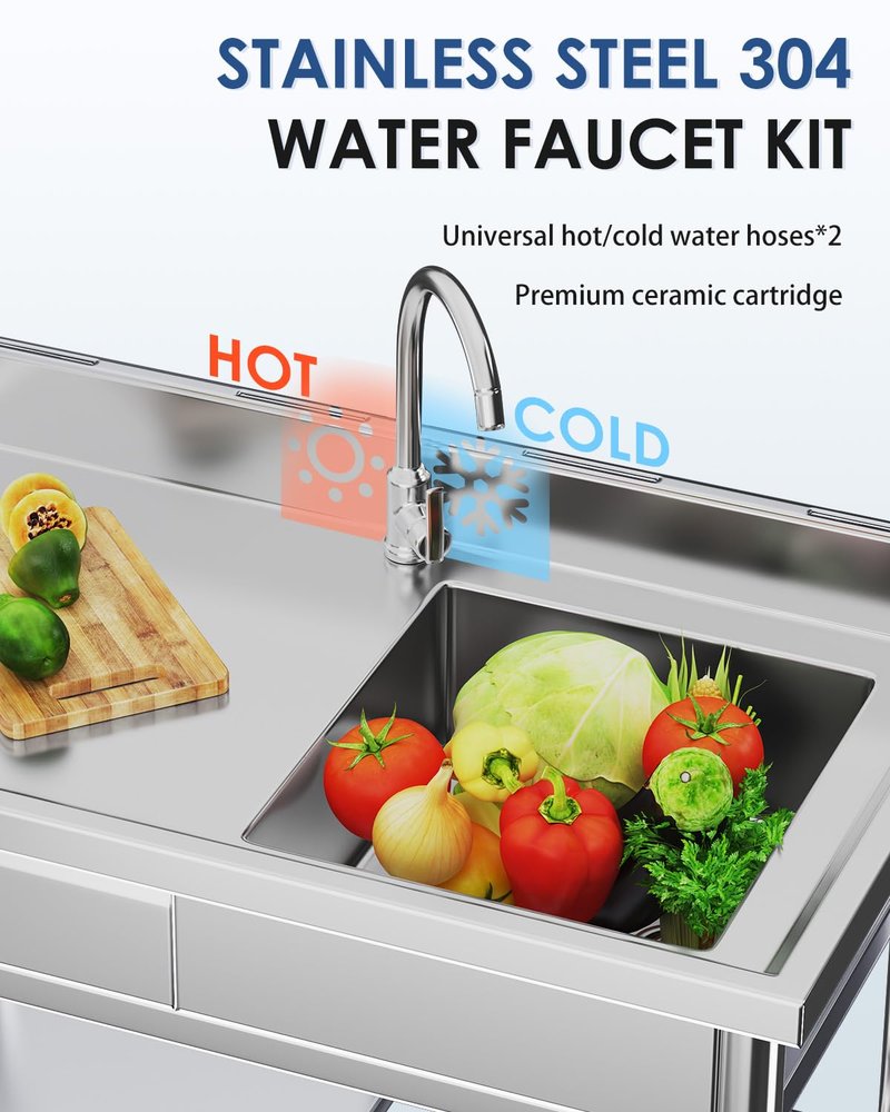 JFHID Stainless Steel Utility Sink with Shelves, Free Standing Single Bowl Commercial Kitchen Sinks with Drawer & Water Pipes, Stainless Steel Prep Table Countertop Workbench for Home Restaurant