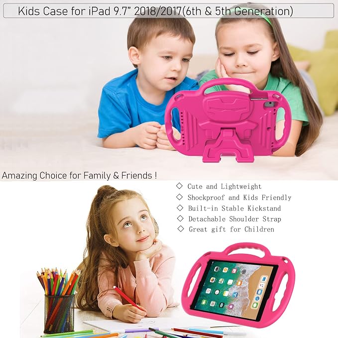 LTROP Kids Case for iPad 5th/6th Generation (2017/2018) &amp Air 2 Shoulder Strap Handle Stand Shockproof Bumper Cute Kid Case for iPad 9.7 Inch Black