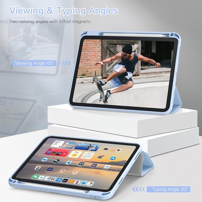 Teryeefi for 2024 iPad mini 7 Case A17 Pro for iPad mini 6th Generation Case 2021 8.3 Inch with Pencil Holder Auto Wake/Sleep Slim Clear Back Shell Cover (Blue Bow)