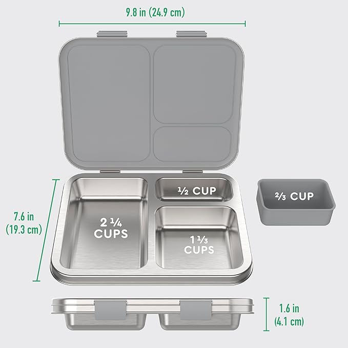 Bentgo Kids Stainless Steel Leak-Resistant Lunch Box - 3-Compartments with Bonus Silicone Container, Durable, Eco-Friendly, Dishwasher Safe, BPA-Free, Ideal for School, Ages 3+ (Silver)
