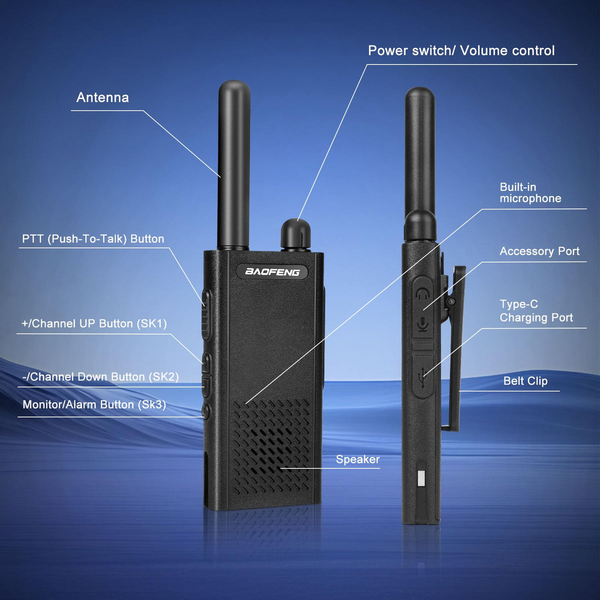 Baofeng T26 Walkie Talkies Long Range, Rechargeable Li-ion Battery 16 FRS Channel Two Way Radios with Earpieces for Adults, Handheld Mini Compact Walky Talky with Type-C Charging