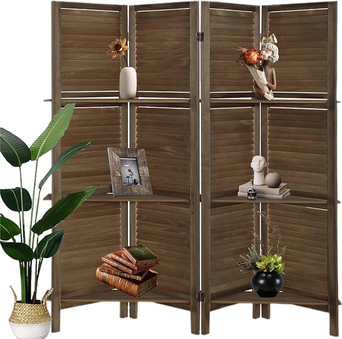 4 Panel Room Divider with Shelves, Room Dividers and Folding Privacy Screens, Folding Room Dividers 4 Panel, Wood Room Divider with 3 Display Shelves for Home Office (Brown)