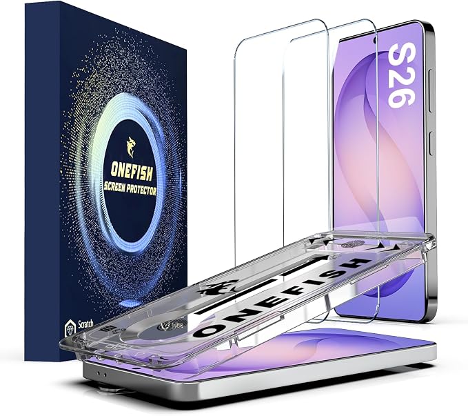 OneFish Screen Protector Compatible with Samsung Galaxy S26 9H Tempered Glass HD Clear Scratch Resistant 10s Auto Dust-Elimination Installation Support Fingerprint Unlock2 Pack