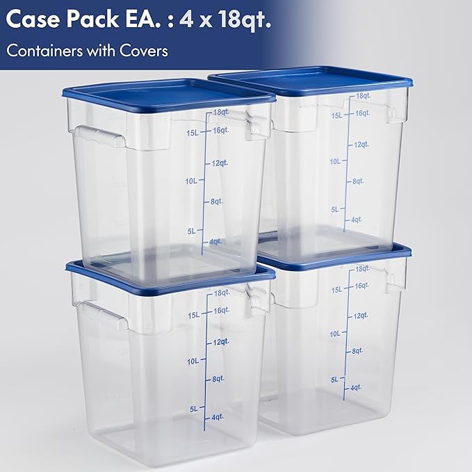 CURTA 4 Pack Food Storage Containers with Blue Lids - NSF Listed Commercial Grade in 18.0 Qt - Square, Clear, Polycarbonate