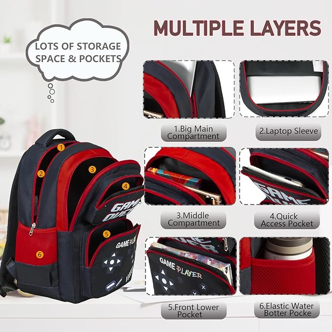Boys Backpack with Lunch Box Glow in Dark Gamer Bookbag Kids Ages 4-12 Kindergarten Elementary Middle School Gaming Backpack, Luminous Gaming Black