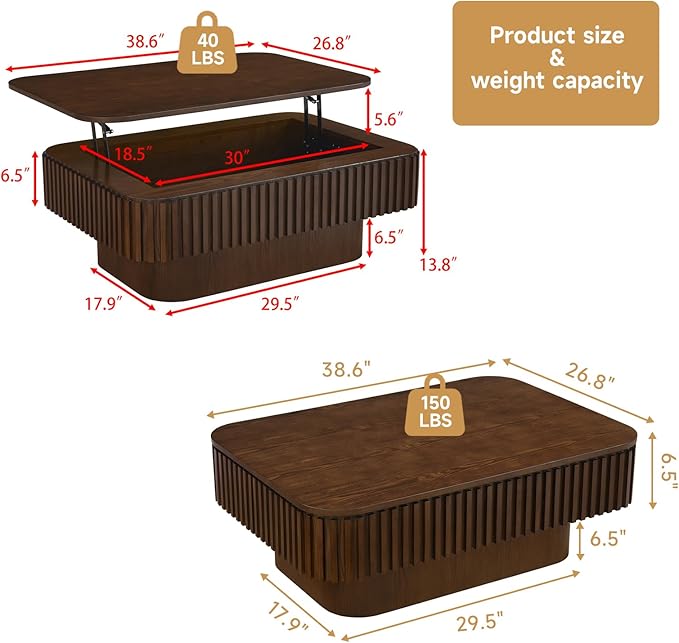 Lift Top Coffee Table for Living Room,Rectangle Handmade Solid Wood Strips, Fluted Coffee Table with Hidden Storage Compartment Small Space Office Apartment (38.6" L×26.8''W×13.8''H-Walnut)