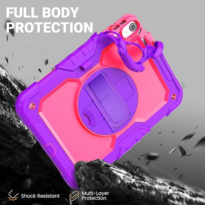 Case for iPad (A16) 11th/10th Generation 11''/10.9'' 2025/2022: Shockproof Protective Case with Hand/Shoulder Strap Pencil Holder Rotate Stand Screen Protector Black