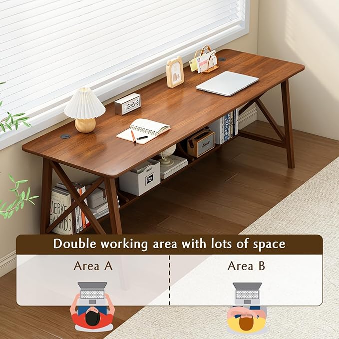 Extra Long Desk with Bookshelf - Wooden Home Office Work Study Table, Writing Computer Workstation with Storage Shelf in Wanut, 47" Wx16 Dx30 H