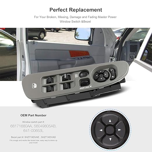 BASIKER Master Power Window Switch and Bezel Driver Side and Window Bezel Passenger Side Replacements for 2002-2010 Dodge Ram 1500 2500 3500, Grey