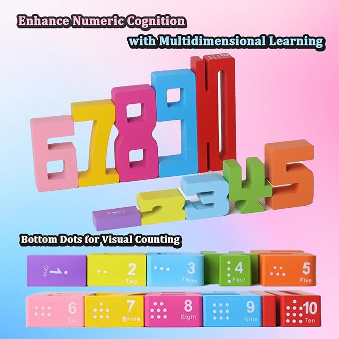 Montessori Math Blocks for Kids Ages 3-8 | 20PCS Wooden STEM Learning Toys with Balance Game | Self-Checking Number Puzzles & Counting Cubes | Toddler Educational Building Set