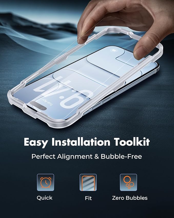 UNBREAKcable 4-Pack iPhone 15 Screen Protector 9H Hardness | 9H tempered glass | 99.99% HD clarity | Double Shatterproof|alignment frame easy install | case-friendly