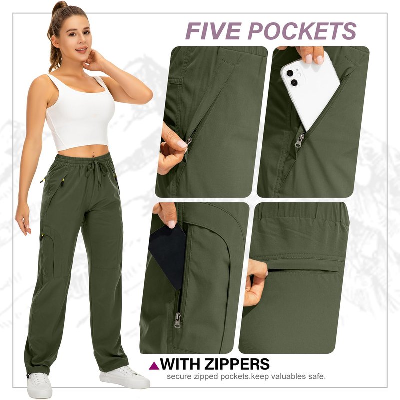 Womens Hiking Pants Quick Dry UPF 50 Lightweight Travel Golf Cargo Safari Pants Zipper Pockets,6608,Army,Petite L