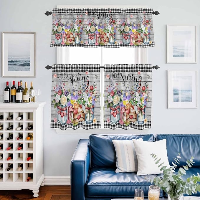 Kitchen Curtains Tiers and Valance Set of 3, Spring Flowers Light Filtering
