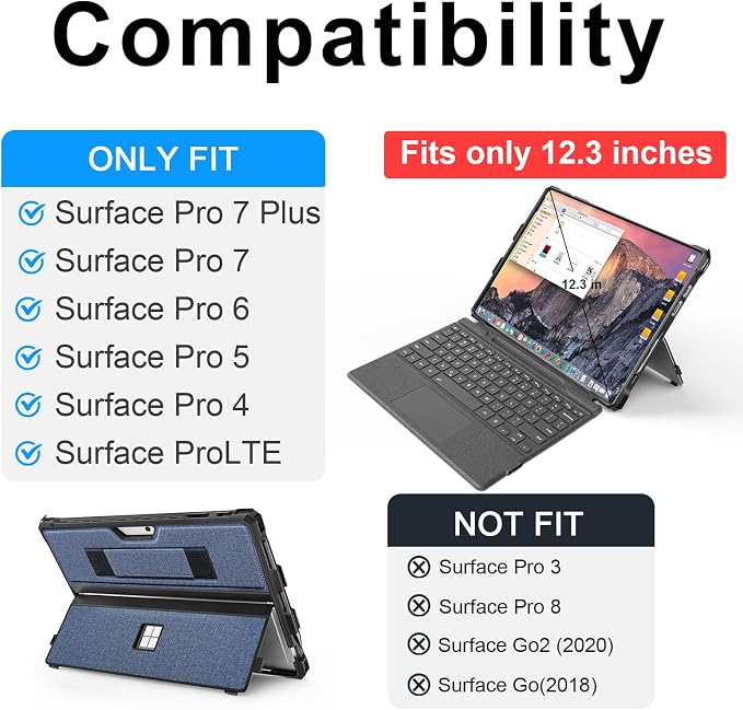 Case for 12.3 Microsoft Surface Pro 7+/7/6/5/4 Protective Rugged Cover Case with Surface Pen Holder and Hand Strap Compatible with Surface Pro Type Cover Keyboard (Black)