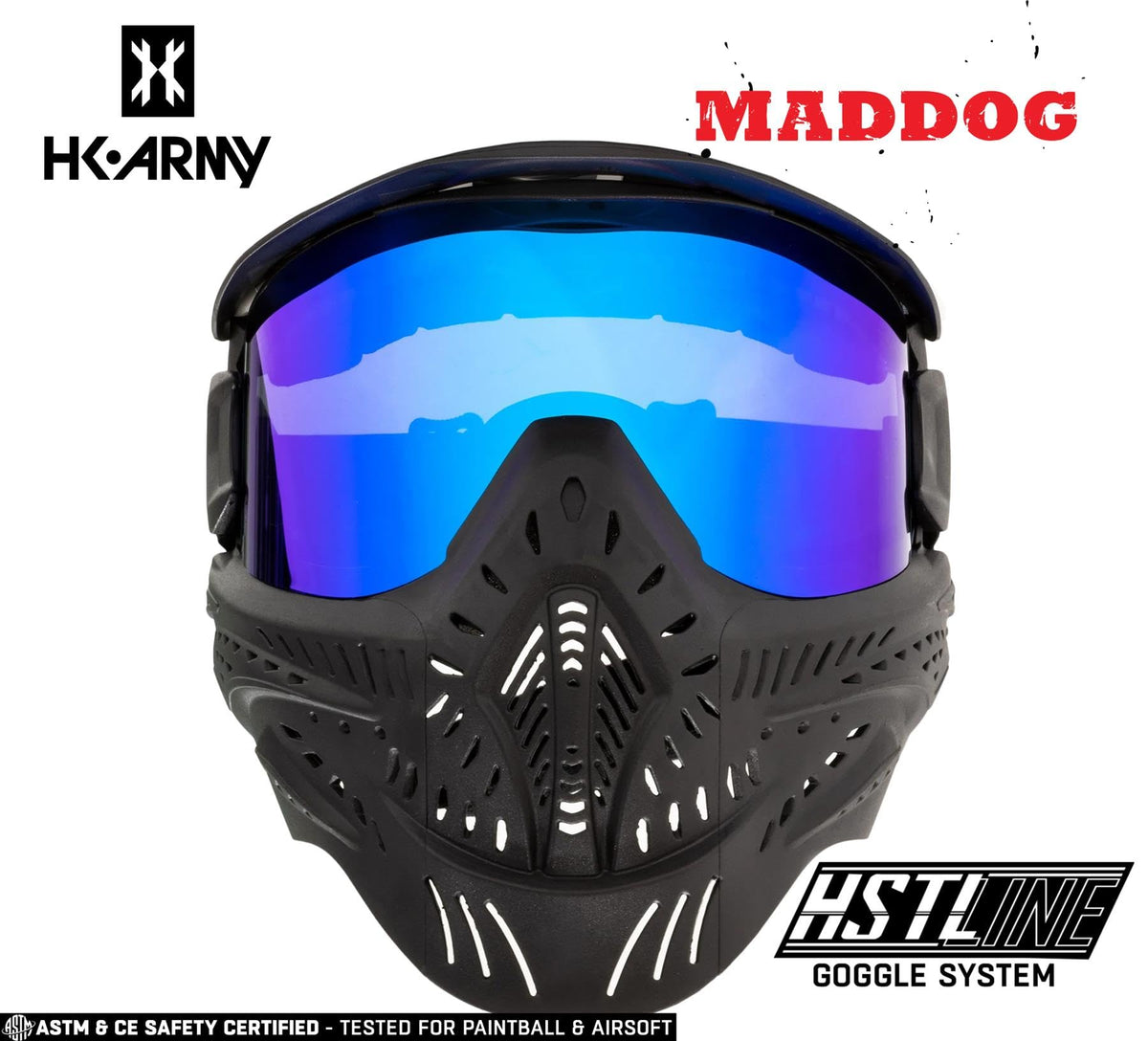 Maddog HK Army HSTL Paintball Airsoft Mask Goggle System | Replaceable Thermal Dual-Pane Anti Fog Lens | Adjustable Full-Face Safety Certified Protection - Black with Ice Lens