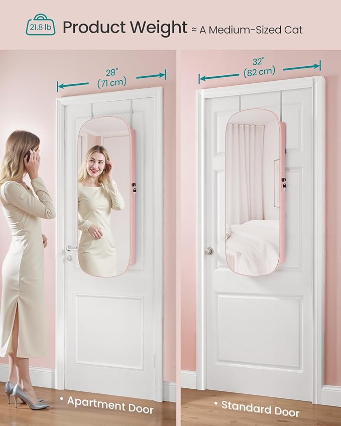 SONGMICS Jewelry Organizer, LED Jewelry Cabinet Wall/Door Mounted, Lockable Rounded Wide Mirror with Storage, Interior Mirror, 3.9 x 16.5 x 42.5 Inches, Jelly Pink Surface with Cream White Lining