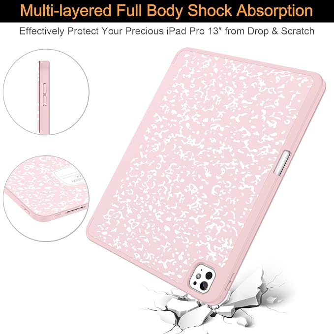 Soke Case for New iPad Pro 13 Inch (M5/M4 2025/2024 Release) with Pencil Holder Trifold Stand Shockproof [Support Apple Pencil Charging + Auto Wake/Sleep] Soft TPU Back Cover Book Black