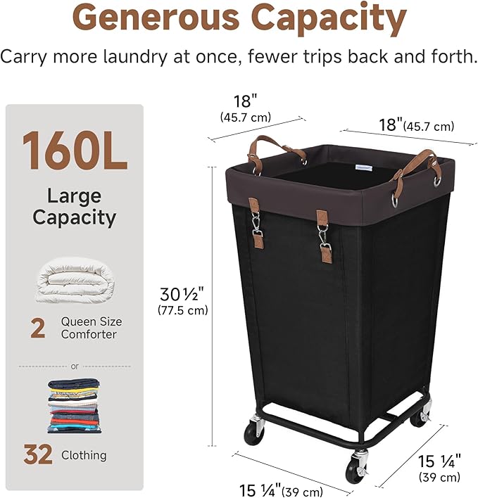 StorageWorks 160L Laundry Basket with Wheels, Large Rolling Hampers for Clothing Organizer, Dirty Clothes Basket for Hotel, Home, Closet, Dorm, Black