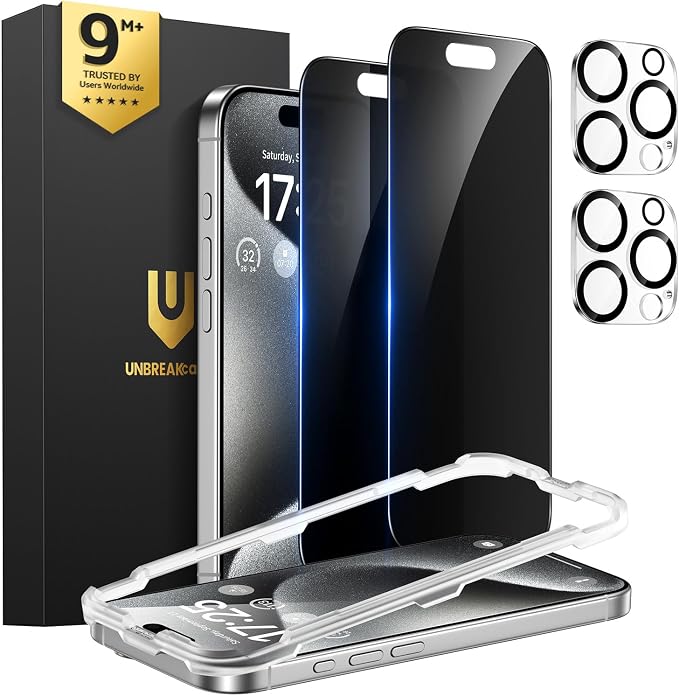 UNBREAKcable iPhone 15 Privacy Screen Protector 2-Pack Upgraded Dual-Tempered Glass + 2 Camera Lens Protectors 25° Anti-Spy Military-Grade 9H+ HD Clear Anti-Fingerprint 6.1 Inch